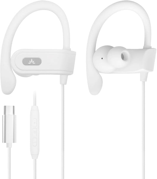 Avantree C171 - USB-C Wired Earbuds, Microphone & Volume Controls, Compatible with New iPhone 15 & 16, Samsung, Google & Android Type C Phones, Headphones, Ear Hook for Running & Sports - White