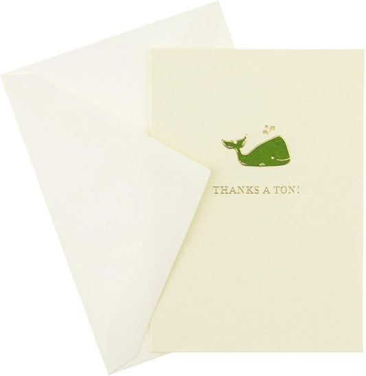 Graphique Whale La Petite Presse Boxed Notecards - 10 Elegant Embossed Green Whale Thanks a Ton! Thank You Cards with Matching Envelopes, 3.25" x 4.75"