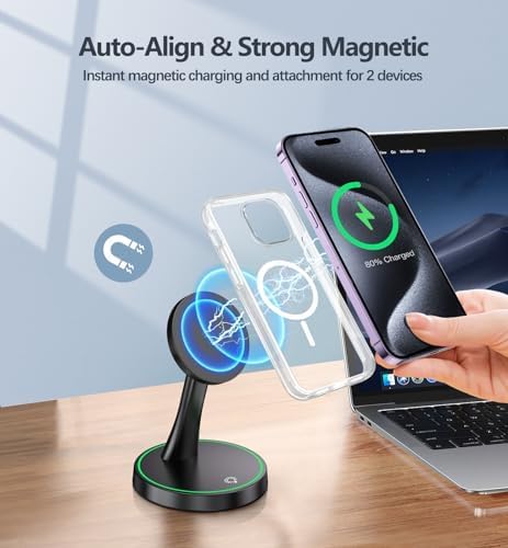 2 Pack Magnetic Wireless Charger Stand 15W Fast Mag-Safe Charger for iPhone iPhone 17/17 pro/ 17 Air/ 17 pro max 16/15/14/13/12 Series Magnet Wireless Charging Station with Light for AirPods
