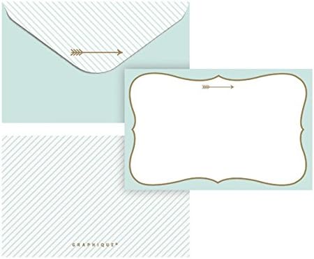 Graphique Mint and Gold Flat Notes – Note Card Stationery with Stylish, Soft Teal Border and Printed Gold Arrow, 50 Note Cards and Matching Envelopes for Thank You Notes, Invitations, Gifts and More, 5.625" x 3.5"