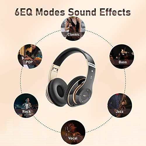 Bluetooth Headphones Over Ear, 6S Wireless Headphones Wired with 6 EQ Modes, 40 Hours Playtime Foldable HiFi Stereo Headset with Microphone, FM/TF for Cellphone/PC/Work (Black & Gold)