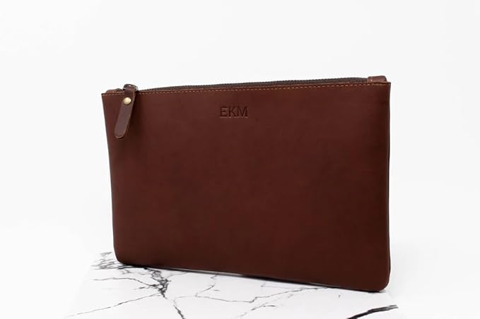 Personalized Leather Zipper Pouch – Monogrammed Travel Case for Pens, Pencils, or Cosmetics – Custom Leather Clutch – Bridesmaid or Bachelorette Gift – Handmade in USA