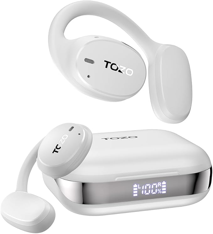 TOZO OpenEgo True Wireless Open Ear Headphone, 5.3 Bluetooth Sport Earbuds with Earhooks for 80H Playback with Digital Display, 32 EQ Modes Dual Mic Clear Call Sweat-Proof for Running, Snow White
