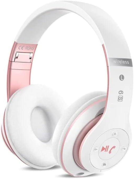 Bluetooth Headphones Over Ear, 6S Foldable Wireless Headphones with 6 EQ Modes, 40 Hours Playtime HiFi Stereo Headset with Mic, Soft Ear Pads, TF/FM for Cellphone/PC/Home (White & Rose Gold)