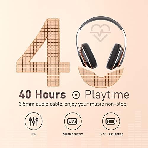 Bluetooth Headphones Over Ear, 6S Wireless Headphones Wired with 6 EQ Modes, 40 Hours Playtime Foldable HiFi Stereo Headset with Microphone, FM/TF for Cellphone/PC/Work (Black & Gold)