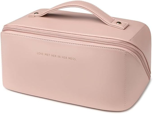 Travel Makeup Bag, Large Capacity Cosmetic Organizer Bags for Women, Waterproof PU Leather Toiletry Bags, Wide Open Flat Makeup Case with Divider and Handle