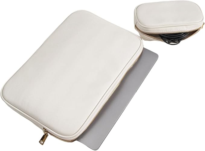 PU Leather Padded Laptop Sleeve 15.3Inch Compatible with MacBook Air 15 A3114 M3 A2941 M2, MacBook Pro 15 Laptop Bag with Charger Pouch Color White