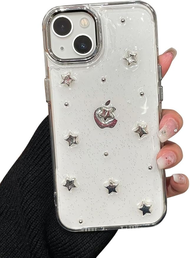 EYZUTAK Case for iPhone 14 Plus, Bling Glitter 3D Stars Phone Case Cute Sparkly Crystal Clear Star Aesthetic Design Case Slim Soft Durable TPU Transparent Protective Cover for Women Girls - Star