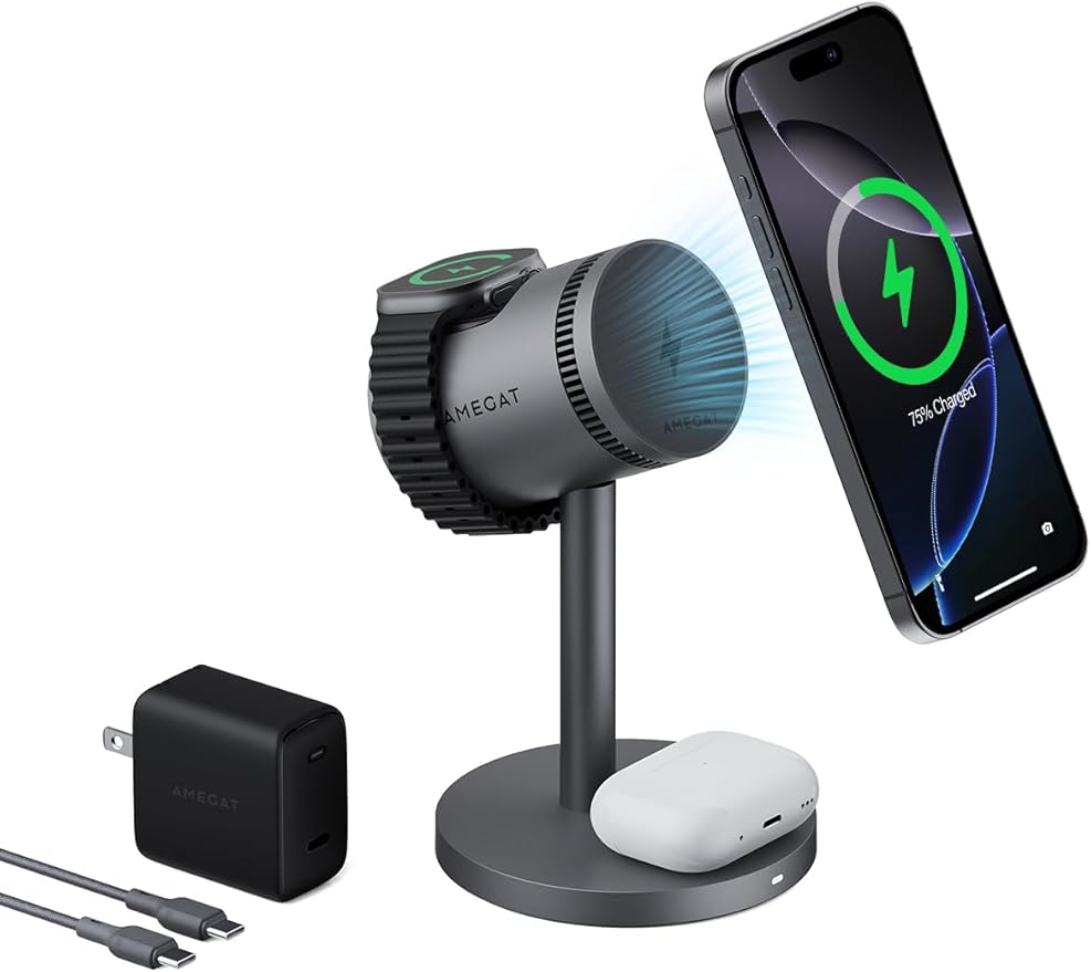 3 in 1 Charging Station Compatible with MagSafe, Cooling Wireless Charger 15W Qi2 Certified for iPhone 17/16/15/14/13/12, Samsung S25, Apple Watch, AirPods (45W PD Charger Included)