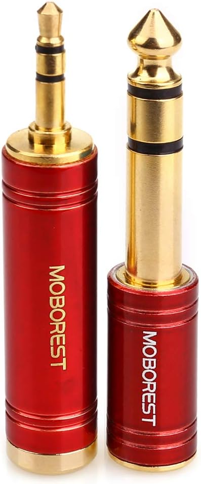 MOBOREST 3.5mm M to 6.35mm F Stereo Pure Copper Adapter, 1/8 Inch Plug Male to 1/4 Inch Jack Female Stereo Adapter, Can be Used Conversion Headphone adapte, amp adapte, RED 2PCS
