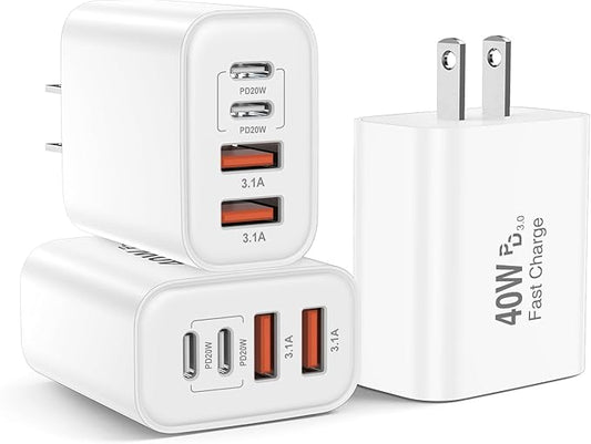 USB C Charger Block, 40W 3Pack 4-Port Type C Fast Charging Wall Cube, Dual PD&QC Power Adapter Multiport Charger Wall Plug Type C Brick for iPhone 16/15/14/13/12/11 Pro Max XR XS, iPad Pro/Air/Mini