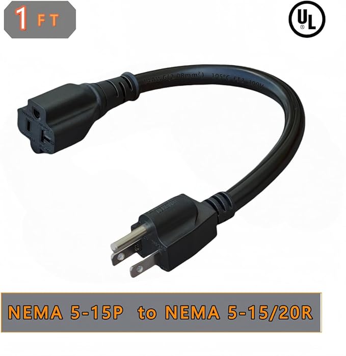 1-Foot 15 Amp Household AC Plug to 20 Amp T Blade Adapter Cable，14AWG 1-Foot 15 Amp to 20 Amp Plug Adapter Cord Nema 5-15P to 5-15R/5-20R 20Amp Comb AC Power Cord, Black