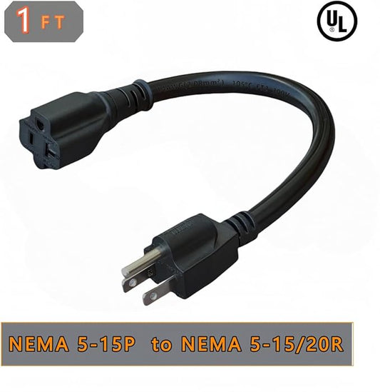 1-Foot 15 Amp Household AC Plug to 20 Amp T Blade Adapter Cable，14AWG 1-Foot 15 Amp to 20 Amp Plug Adapter Cord Nema 5-15P to 5-15R/5-20R 20Amp Comb AC Power Cord, Black