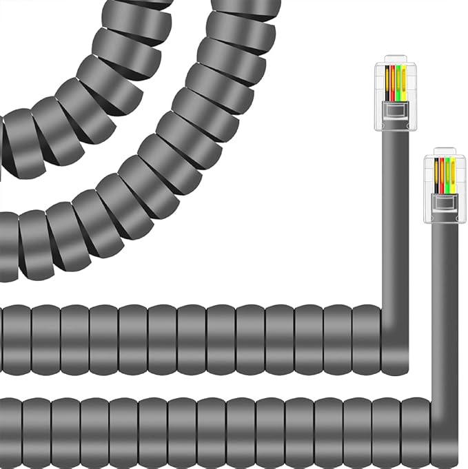 NECABLES 2Pack Phone Cord for Landline Telephone Handset Cord Curly Coiled Phone Cable RJ9 4P4C Male to Male Gray