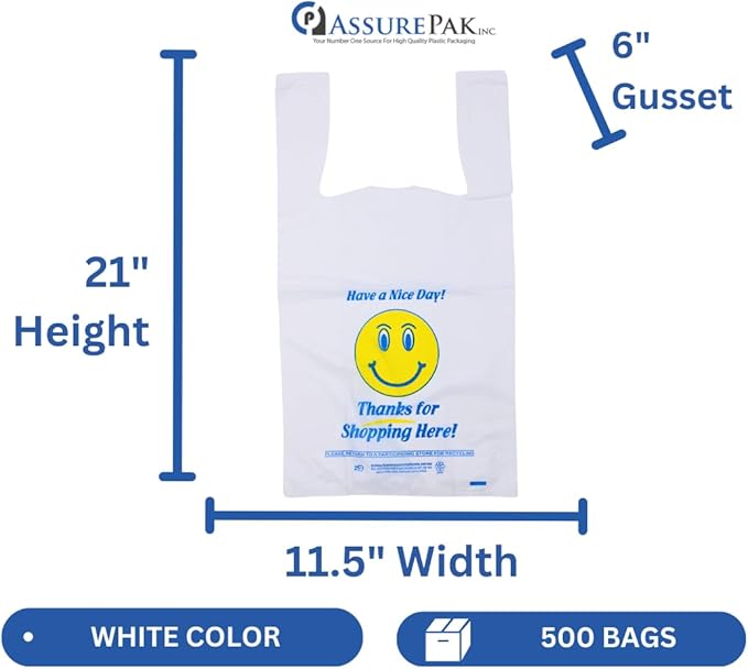 White Happy Face/Smiling Face HDPE T-Shirt Bags - 500 Bags - for Retail, Groceries, Merchandise, Convenience Store, Supermarket, Restaurant - 11.5"x 6"x 21" - 18 microns - White