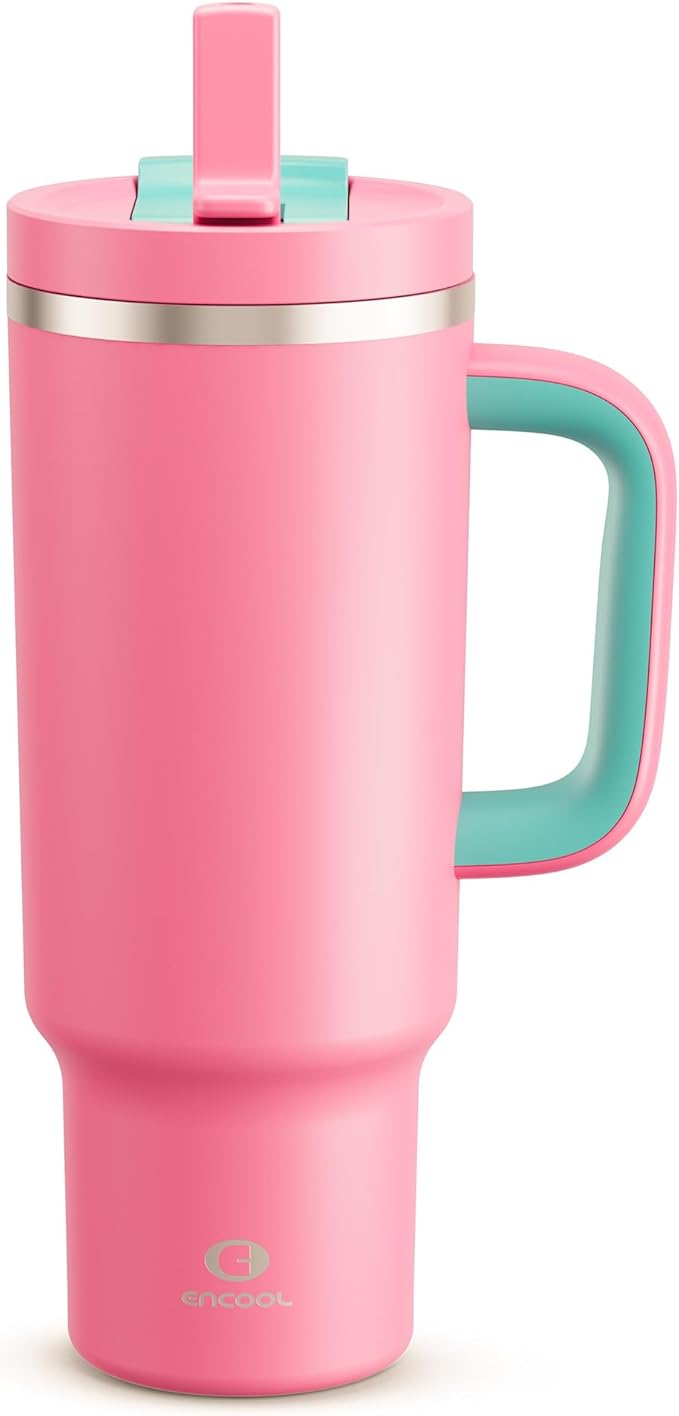 40 oz Tumbler with Handle and Straw: Stainless Steel Insulated Tumbler Keeps Cold for 24 Hours, Leakproof Travel Cup Fits in Cup Holder and BPA-Free, Tulip