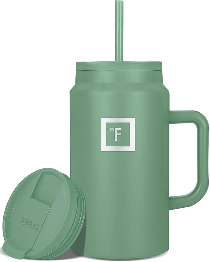 IRON °FLASK Co-Pilot Insulated Mug w/Straw & Flip Cap Lids - Cup Holder Bottle for Hot, Cold Drink - Leak-Proof - Water, Coffee Portable Travel Mug - Sage, 50 Oz