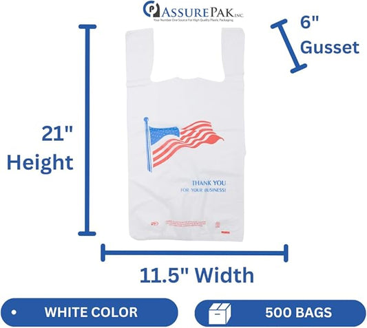 Easy Open HDPE Plastic Bag - 500 Bags/case - "American Flag" White T-Shirt Bag -1/6 BBL 11.5"x 6.5"x 21" - 18 microns - For Retail, Groceries, Merchandise, Convenience Store, Supermarket, Restaurant