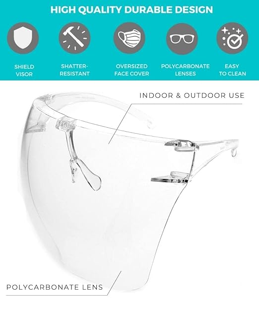 zeroUV - Protective Face Shield Full Cover Visor Glasses/Sunglasses (Anti-Fog/Blue Light Filter) (Clear/Clear) Single