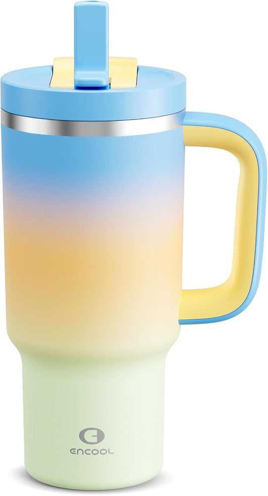 32 oz Tumbler with Handle and Straw: Stainless Steel Insulated Tumbler Keeps Cold for 24 Hours, Leakproof Travel Cup Fits in Cup Holder and BPA-Free, Sunny Breeze