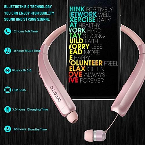 AMORNO Foldable Bluetooth Headphones, Wireless Neckband Sports Headset with Retractable Earbuds, Sweatproof Noise Cancelling Stereo Earphones with Mic