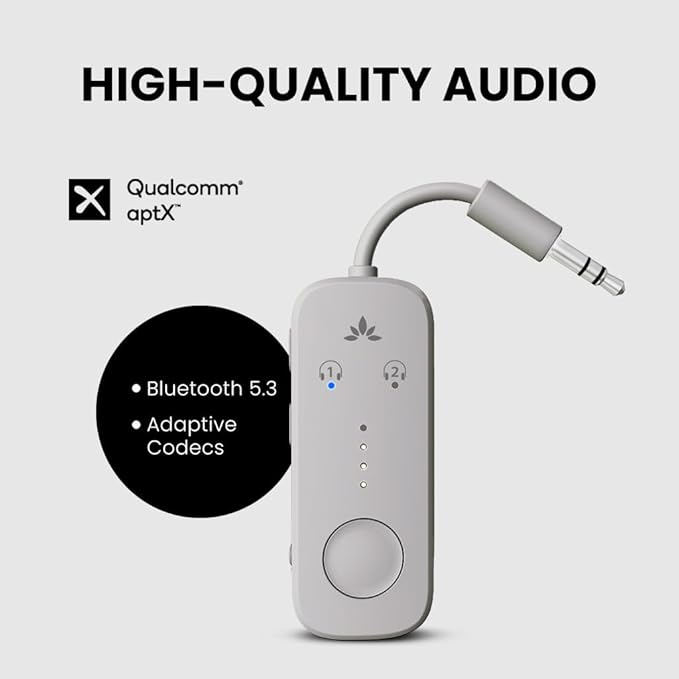 Avantree Relay - Airplane Bluetooth 5.3 Adapter with Qualcomm aptX Adaptive, Supports 2 AirPods or Headphones, 20Hr Playtime, 3.5mm AUX Wireless Audio Transmitter for Travel Flight, Airline, Gym
