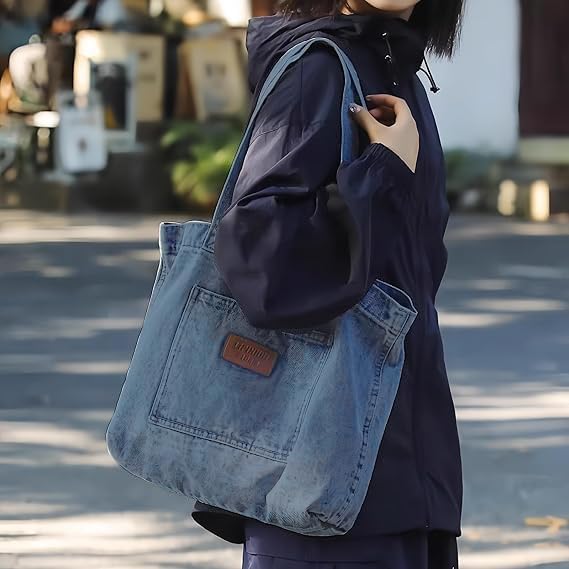 Denim Tote Bag for Women-Shoulder Handbag Perfect for Work Shopping,Hobo Bag