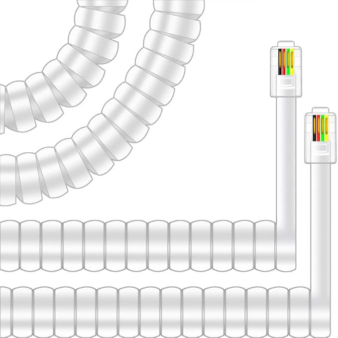 NECABLES 2Pack Phone Cord for Landline Telephone Handset Cord Curly Coiled Phone Cable RJ9 4P4C Male to Male White