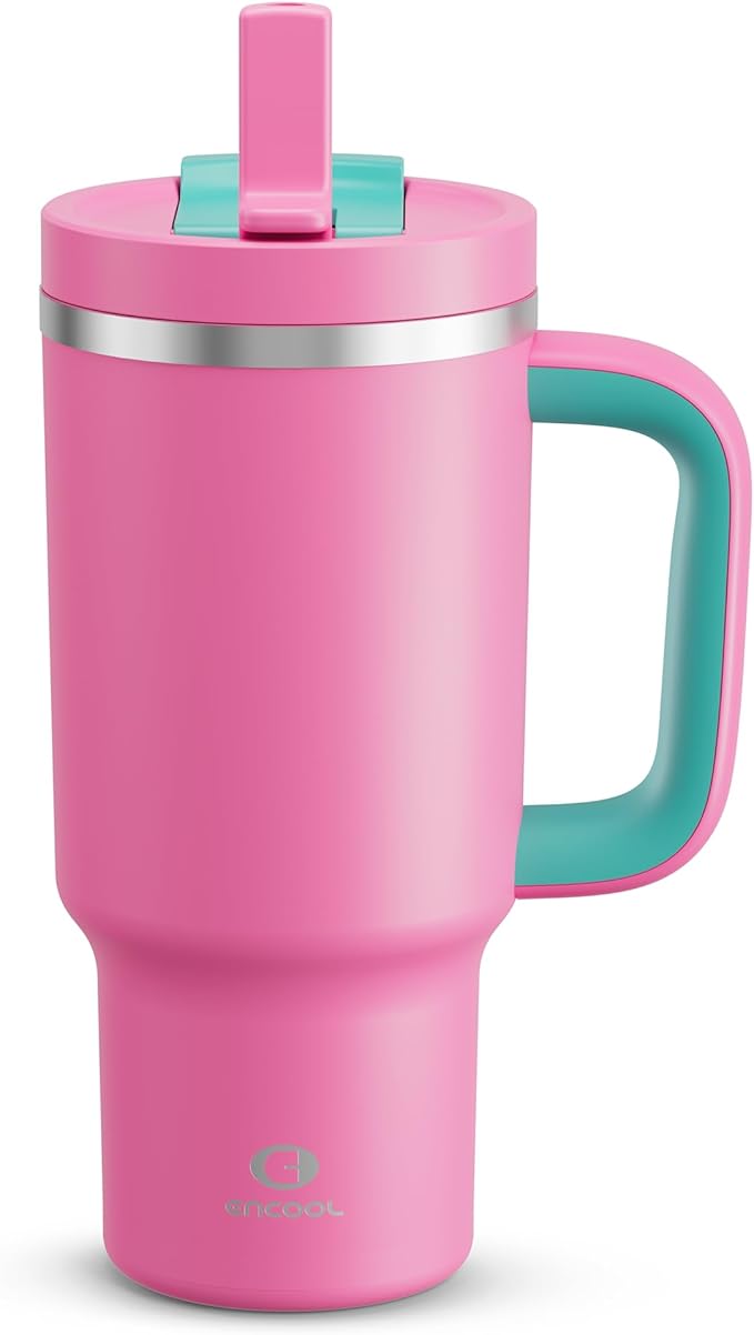 32 oz Tumbler with Handle and Straw: Stainless Steel Insulated Tumbler Keeps Cold for 24 Hours, Leakproof Travel Cup Fits in Cup Holder and BPA-Free,Light Crimson