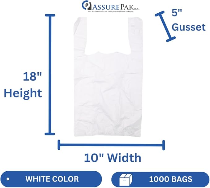 Easy Open - White Unprinted HDPE T-Shirt Bags 10"x5"x18" with handles – 1000 Bags – 13 Microns – Perfect for Grocery Shopping and Store Purchases