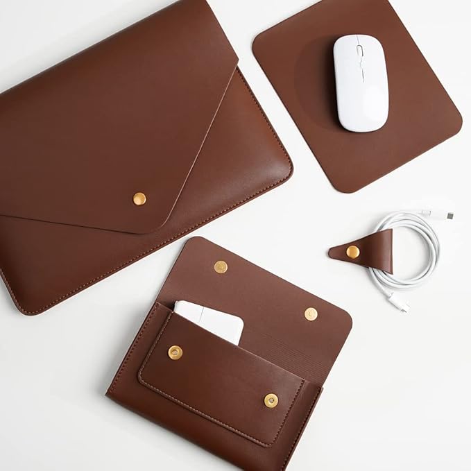 Laptop Sleeve 15 Inch Compatible with New MacBook Pro 15, New MacBook Pro 16, Surface Book 15, Dell XPS 15 with Small Pouch, Mouse Pad and Cord Organizer, Color Dark Brown