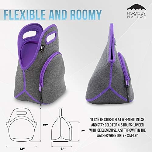 Nordic By Nature Neoprene Lunch Bag for Women & Lunch tote for Kids Insulated Lunch bag Reusable Washable Extra Thick Neoprene & Soft Cotton Feel, Premium Stitching, Outside Pocket, (M) Purple