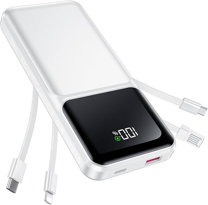 Portable Charger with Built in Cable - 22.5W Fast Charging 20000mAh Slim Power Bank USB C LED Display Battery Pack 5 Outputs & 3 Inputs for iPhone Samsung Android iPad Phones Travel Essentials etc