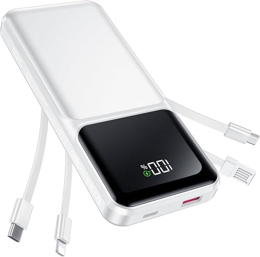 Portable Charger with Built in Cable - 22.5W Fast Charging 20000mAh Slim Power Bank USB C LED Display Battery Pack 5 Outputs & 3 Inputs for iPhone Samsung Android iPad Phones Travel Essentials etc