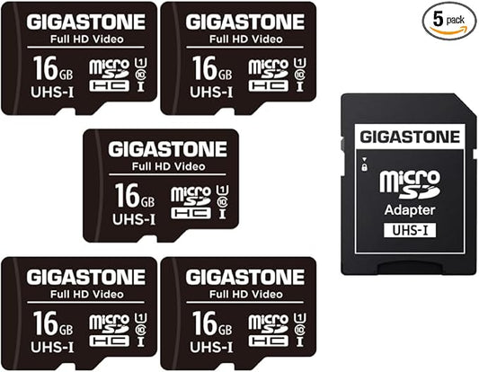 GIGASTONE 16GB Micro SD Card 5-Pack, FHD Video, Surveillance Security Cam Action Camera Drone, 85MB/s Micro SDHC UHS-I U1 Class 10, with Adapters