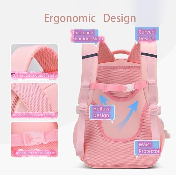 Girl Backpack for School Kids, Pink Cute Bookbag with Lunch Box Rainbow Elementary School Bag Pencil Case (Pink,3Pcs Set)