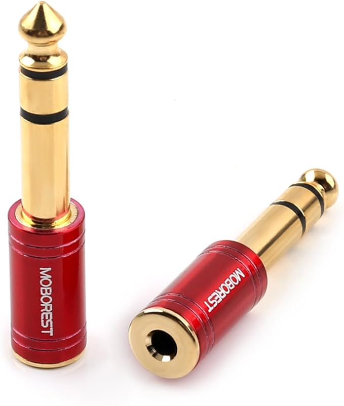 MOBOREST 1/4 Male to 1/8 Female Pure Copper Adapter, 6.35mm Stereo Male to 3.5mm Plug Jack Female Stereo Adapter Red 2-Pack