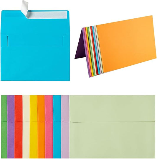 Wishop 50 Pack Self-Adhesive Envelopes with Fold Cards for Wedding Invitations, Greeting Cards, Baby Shower, Letter Mailing (Colorful, 5x7)
