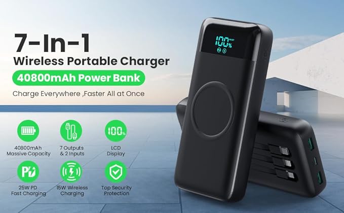 Wireless Portable Charger 40800mAh with 3 Built-in Cables,7-in-1 15W Wireless Charging Power Bank,25W PD QC 4.0 Fast Charging USB C LCD Display Battery Pack for iPhone 16/15/13/12,Samsung,Android etc