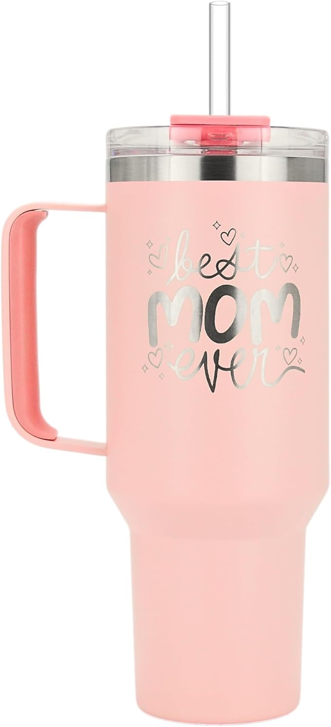 Drinco 40oz 30 oz Tumbler with Handle, Straw Lid, Insulated Stainless Steel Travel Mug Water Bottle Ice Coffee Cup For Cold and Hot, BigSur (Mother Day Peach, 40oz)