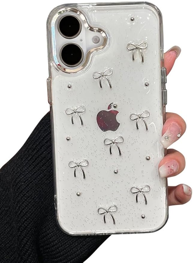 EYZUTAK Case for iPhone 16, Bling Glitter 3D Bowknot Phone Case Cute Sparkly Crystal Clear Bow Aesthetic Design Case Slim Soft Durable TPU Transparent Protective Cover for Women Girls - Bow