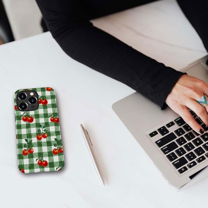 DAIZAG Case Compatible with for iPhone 14 Pro,Green Red Checkerboard Tomatoes Watercolor Phone Case for iPhone 14 Pro for Girl Women Boy Men