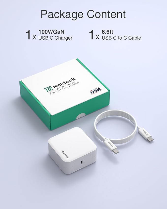 Nekteck Mac Book Pro Charger [GaN Ⅳ], 100W USB C Charger, Compact and Foldable Fast Charging Compatible with MacBook Pro/Air, iPad Pro and All USB C Devices, 6.6 ft USB C to USB C Cable Included