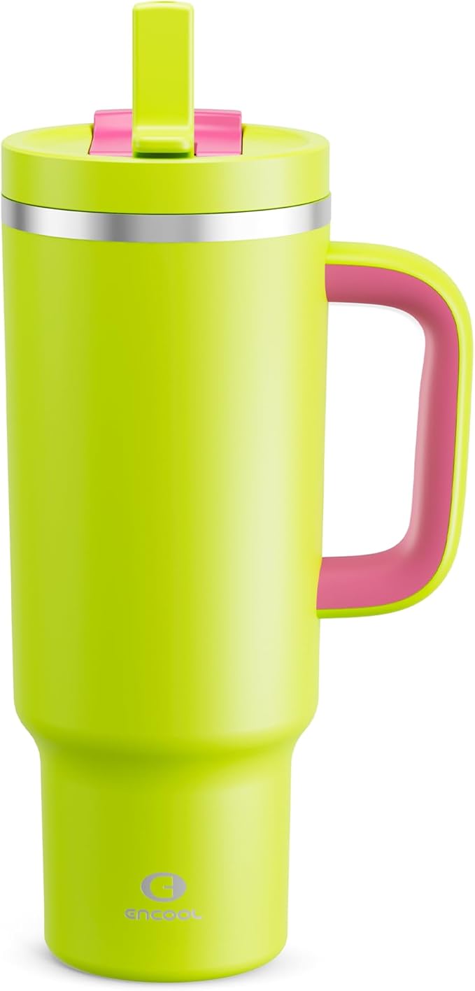 40 oz Tumbler with Handle and Straw: Stainless Steel Insulated Tumbler Keeps Cold for 24 Hours, Leakproof Travel Cup Fits in Cup Holder and BPA-Free, Acid Green