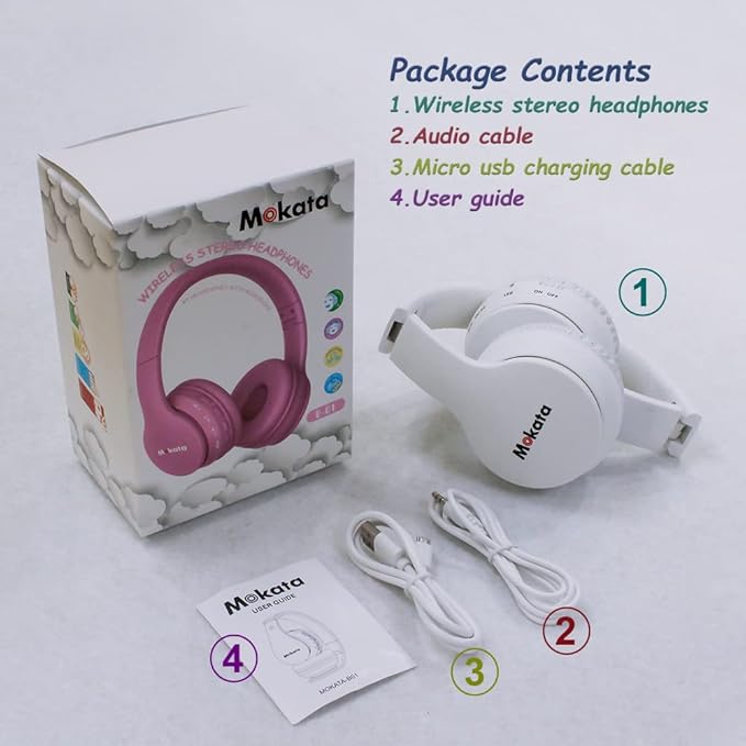 Headphones Kids Bluetooth 5.4 Wireless Play Time 68H Safe Volume Limit 85/94dB Over-Ear Foldable Headset,Fast Charging,with Aux Cord Built-in Mic for Toddler Child Pad Study Tablet White