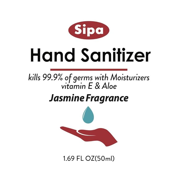 SIPA Hand Sanitizer 1.69 oz/ 50 ml, Travel Size, Jasmine Scent, Flip Cap Bottle each, Refreshing Soothing Gel with Aloe, and Vitamin E, (Pack of 16)