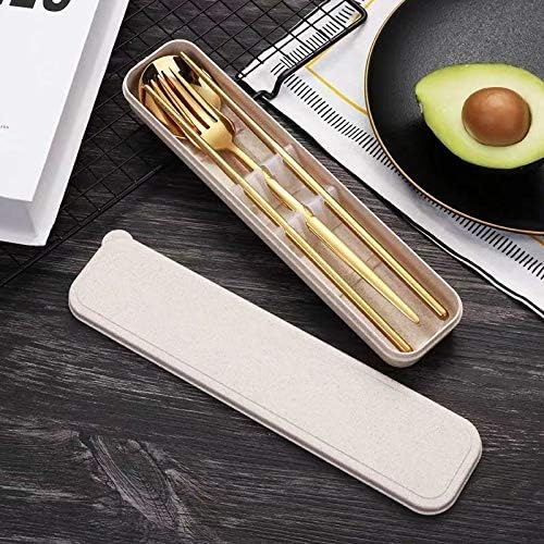 4 Pcs Portable Stainless Steel Tableware Set, Dishwasher Safe Reusable Flatware Cutlery Set, Include Fork Spoon Chopsticks with box(Gold)