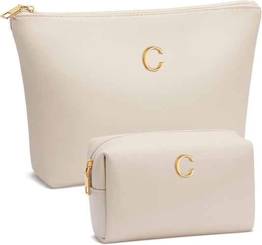 Women Gifts | Initial Makeup Bag Set for Girl Personalized Gifts for Bridesmaid Friend Graduation Teachers PU Leather Cosmetic Travel Toiletry Bag(Beige,C)
