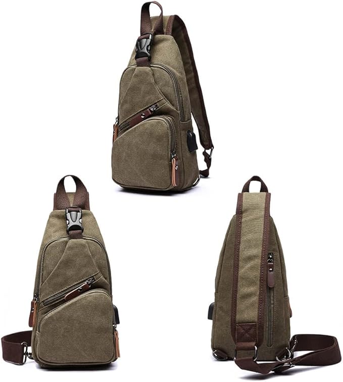 Canvas Sling Bag Crossbody Backpack Shoulder Casual Rucksack for Men Women Outdoor Cycling Hiking Travel Fishing Green