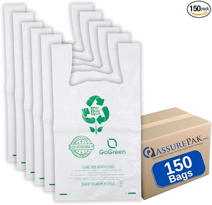 White Reusable/Eco-Friendly LDPE T-Shirt - 1/5 BBL 13"X9"X23" - 150 Bags - 57 Micron (2.25 mil) - White - WHLD225MREUSE1323 - AssurePak